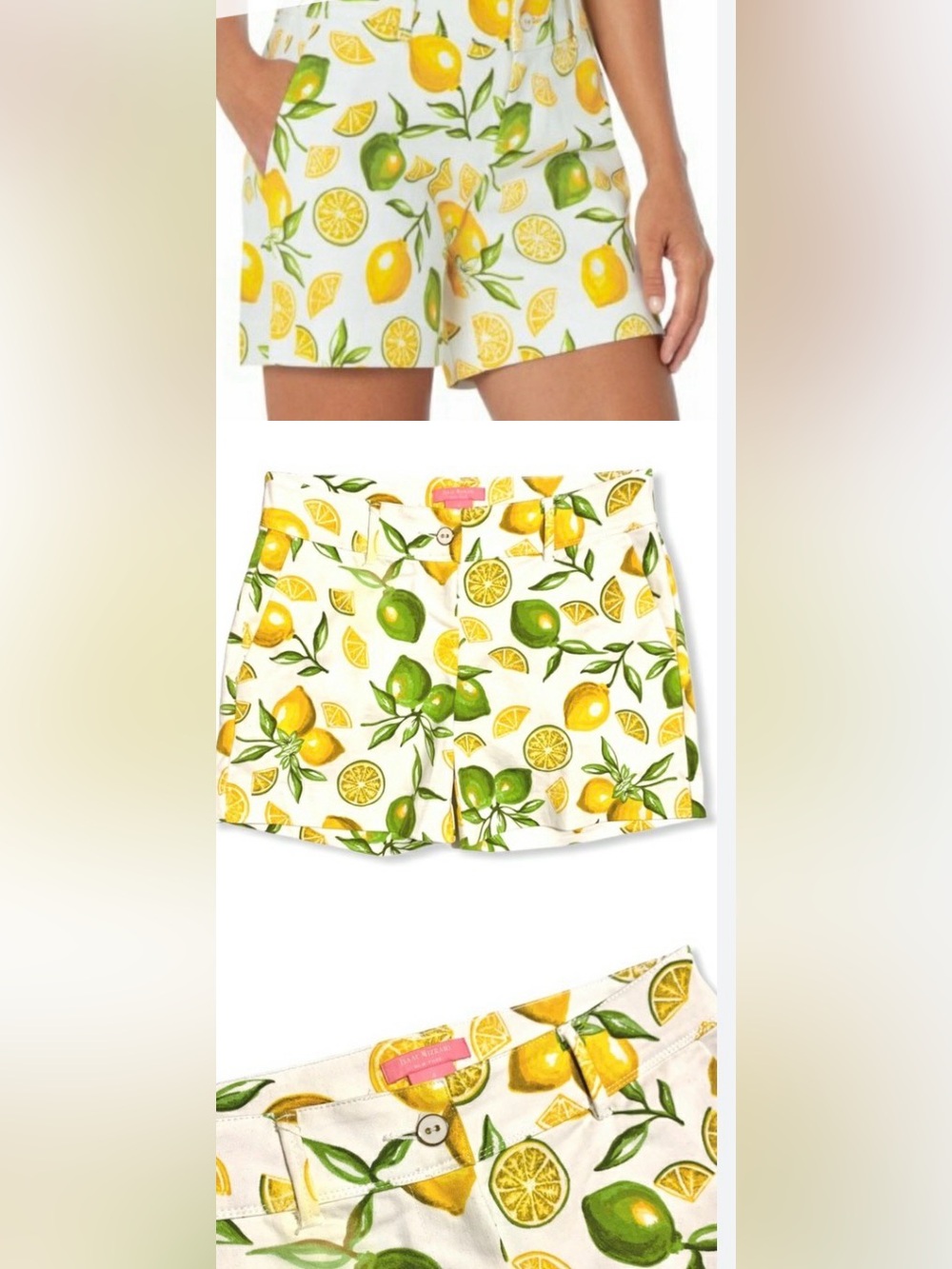 Isaac Mizrahi White Lemon-Print Cotton Blend Shorts with Yellow and Green